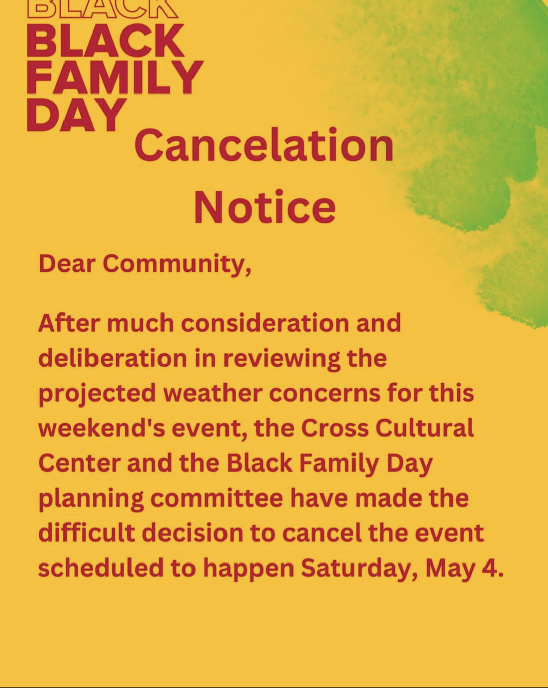 Cancelled: After much consideration, the Black Family Day planning committee has decided to cancel the event. We apologize for the inconvience.