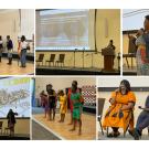 Collage of six pictures. Three Buffalo Soldiers in uniform holding flags. Dr. Faheema Mustafaa at a podium in front of a large presentation screen that says "Healing through Scholarship and Awareness: Black Adolescent Girls on Defining Well-Being, and Identifying Supports and Threats to Well-Being. Dr. Ebony Lewis performing. Kimberly Evans speaking with James Aboagye holding a microphone. Kast Academy Dancers in colorful clothing. Denisha "Coco" Bland performing in front of a presentation screen.