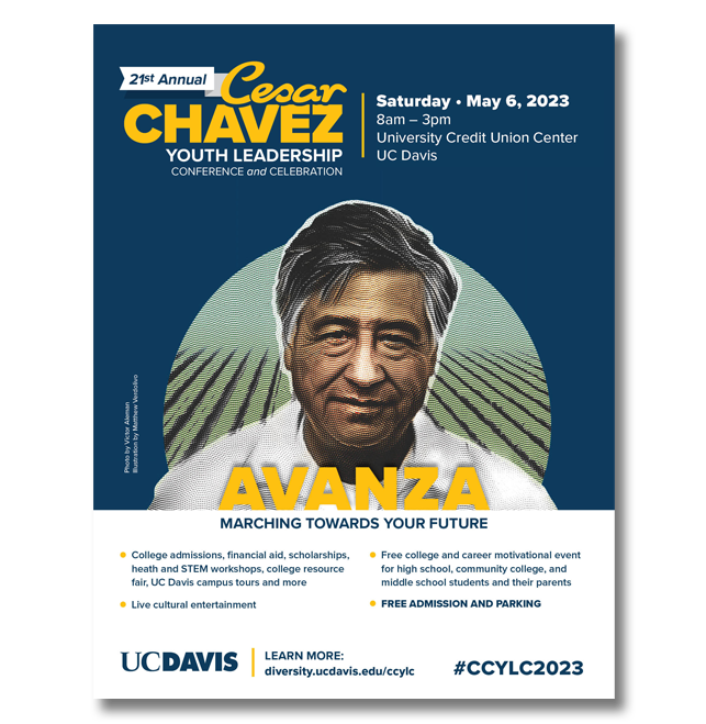 Illustration of Cesar Chavez with the words "21st annual Cesar Chavez Youth Leadership Celebration and Conference" next to him over a dark blue background.