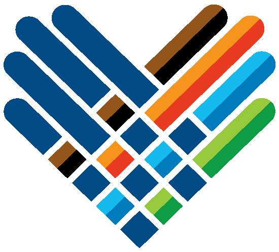 A heart-shaped mosaic made of interwoven, colorful bars in blue, orange, green, and brown shades. 