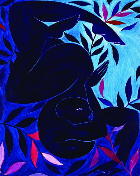 Painting of a dark silhouette figure on blue background with colored leaves