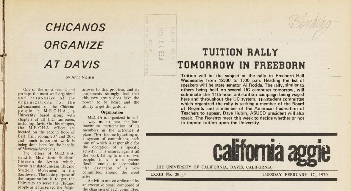 Aggie newspaper page from 1970, article titled chicanos organize at UC Davis