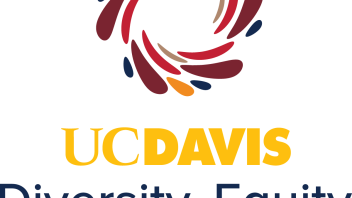 Centered UC Davis Diversity, Equity and Inclusion with the Dynamo mark in multicolor with lettering in gold and blue