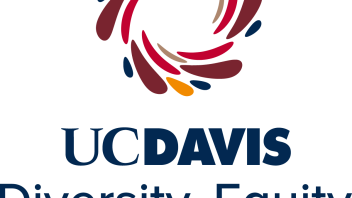 Centered UC Davis Diversity, Equity and Inclusion with the Dynamo mark in multicolor with lettering in blue