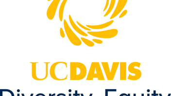 Centered UC Davis Diversity, Equity and Inclusion with the Dynamo mark in gold and blue