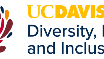 Flush Left UC Davis Diversity, Equity and Inclusion with the Dynamo mark in multicolor and lettering in gold and blue