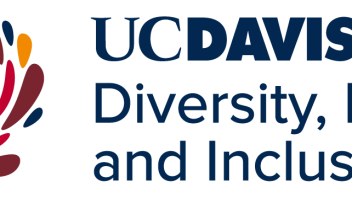 Flush Left UC Davis Diversity, Equity and Inclusion with the Dynamo mark in multicolor and lettering in blue