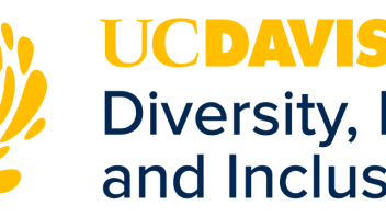 Flush Left UC Davis Diversity, Equity and Inclusion with the Dynamo mark in gold and blue