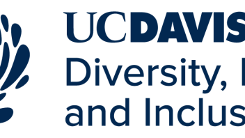 Flush Left UC Davis Diversity, Equity and Inclusion with the Dynamo mark in blue