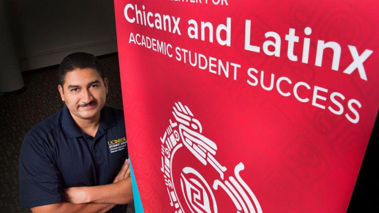 Cirilo Cortez, director of the Chicanx and Latinx Retention Initiative and the student center that acts as its hub, prepares to celebrate the opening of a new facility for the center. (Karin Higgins/UC Davis)