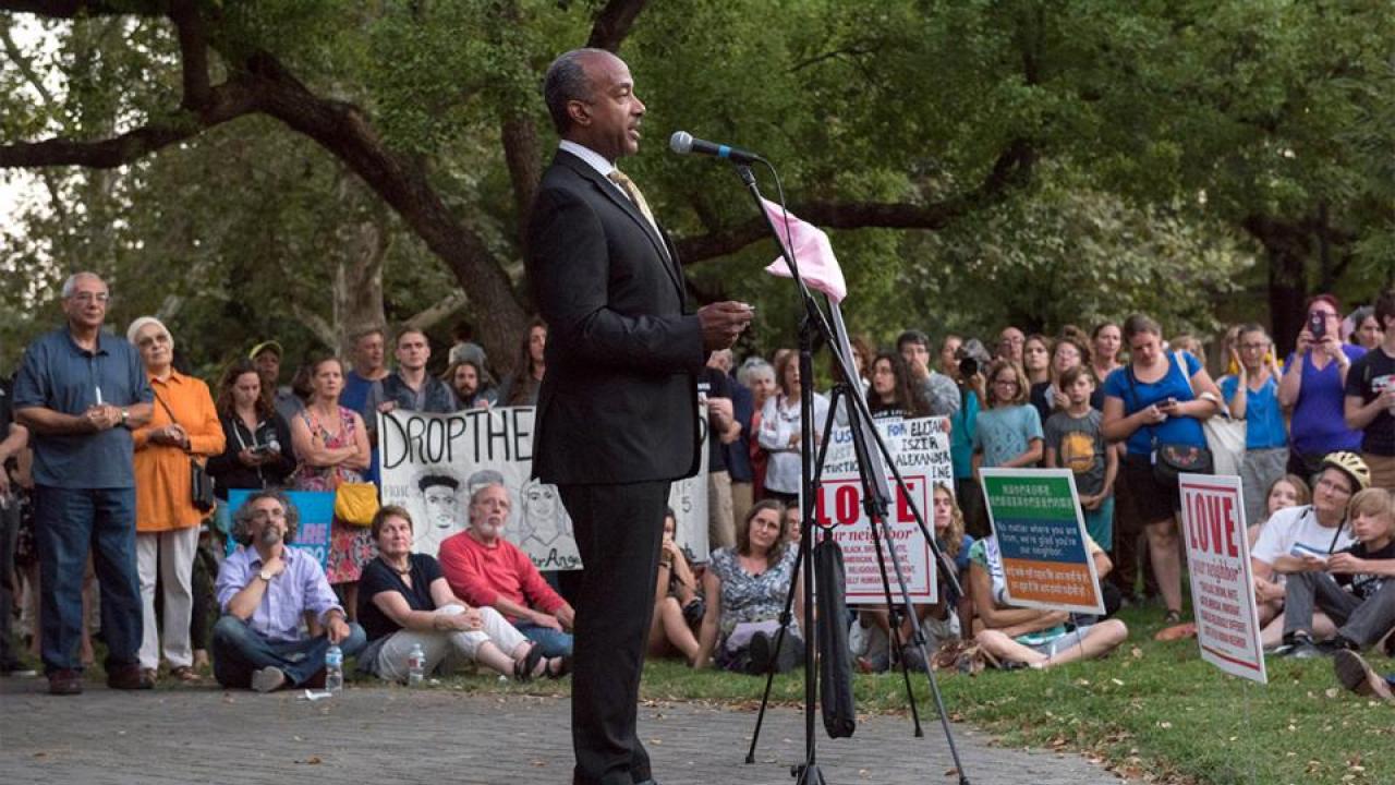 Chancellor Gary S. May addresses Unity Rally in Davis’ Central Park, the night of Aug. 16. (Karin Higgins/UC Davis photo) Chancellor Gary S. May addresses Unity Rally