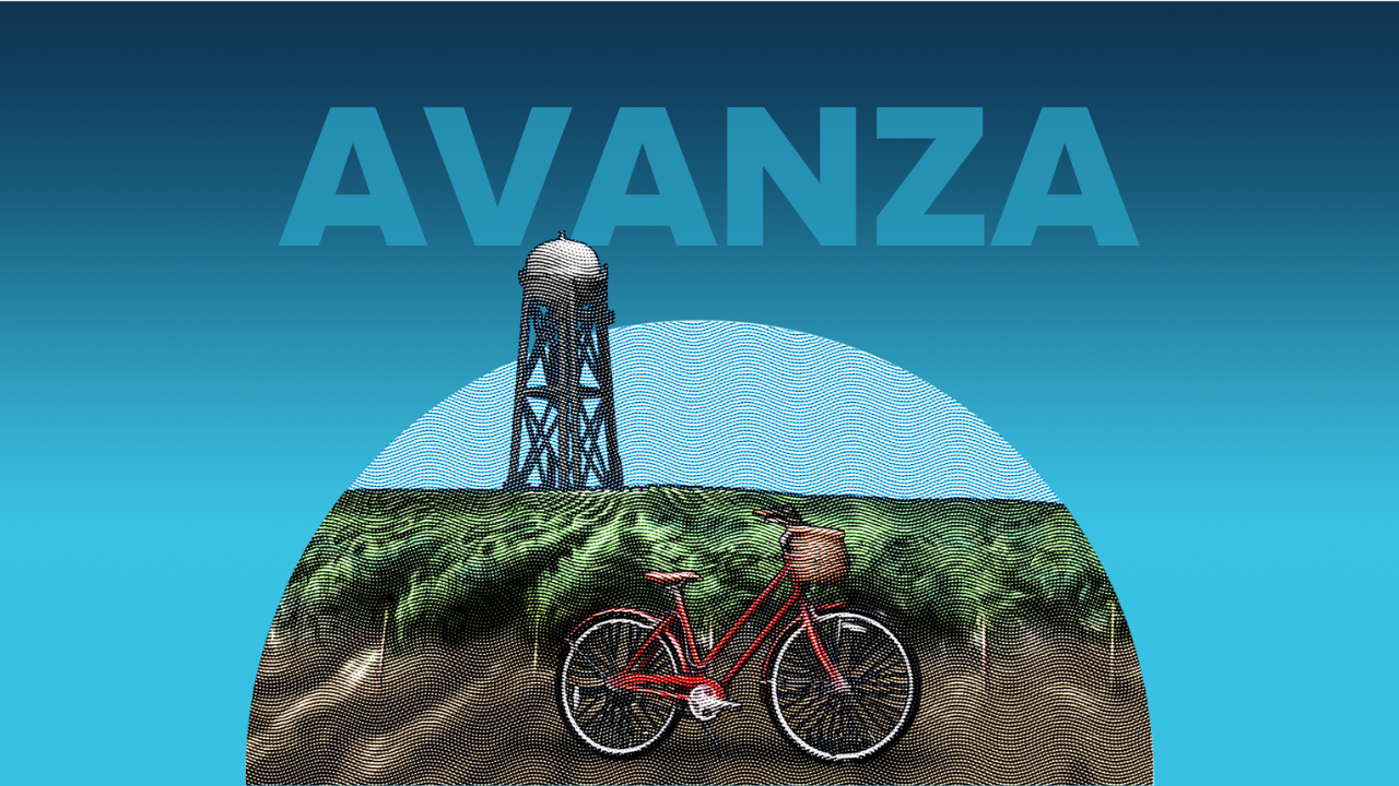 Bike and Water Tower illustration with the word "Avanza" behind them on a blue gradient background.