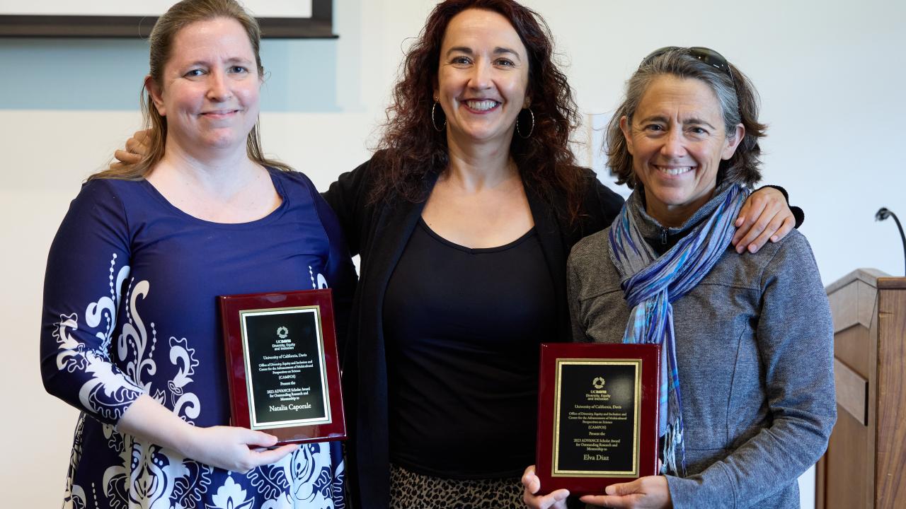 award winner Natalia caporale on left and elva Diaz on right, with CAMPOS faculty director, Verónica Martínez-Cerdeño in middle