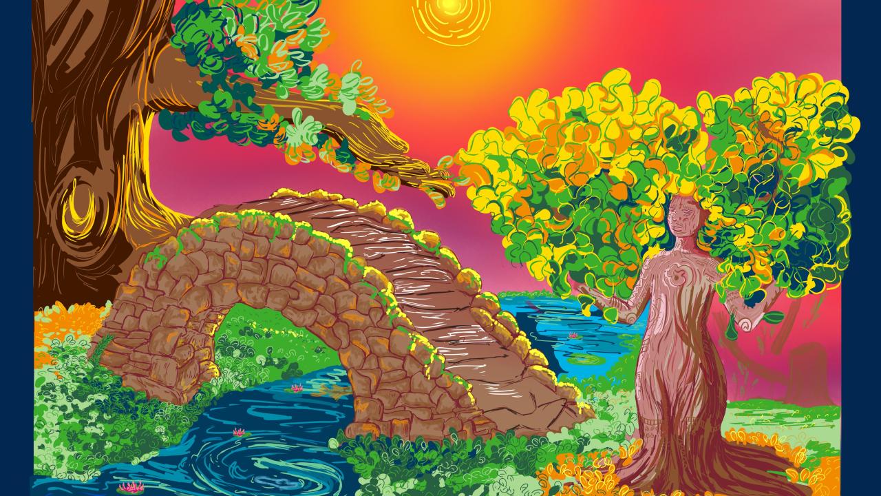 A colorful illustration of a stone bridge over a stream, with a tree on the left and a humanoid tree figure on the right, set against a vibrant sunset sky. Words with the image include: community, legacy, strength, honor, peace, heritage, unity, joy, courage.
