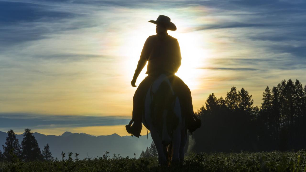 Cowboy riding across grassland with mountains behind, early morning