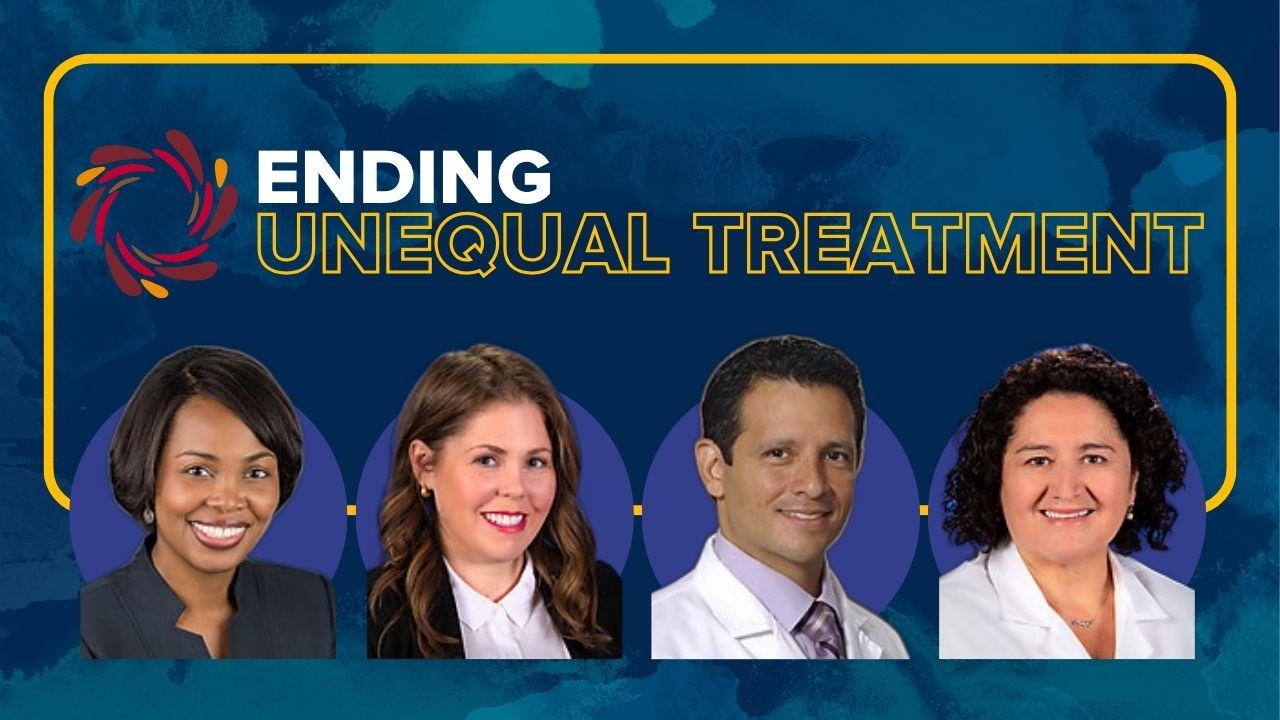 Dynamo logo. Ending unequal treatment. Headshot photos of Ruth Shims, Alice Popejoy, Erik Fernandez y Garcia and  Carolina Reyes.