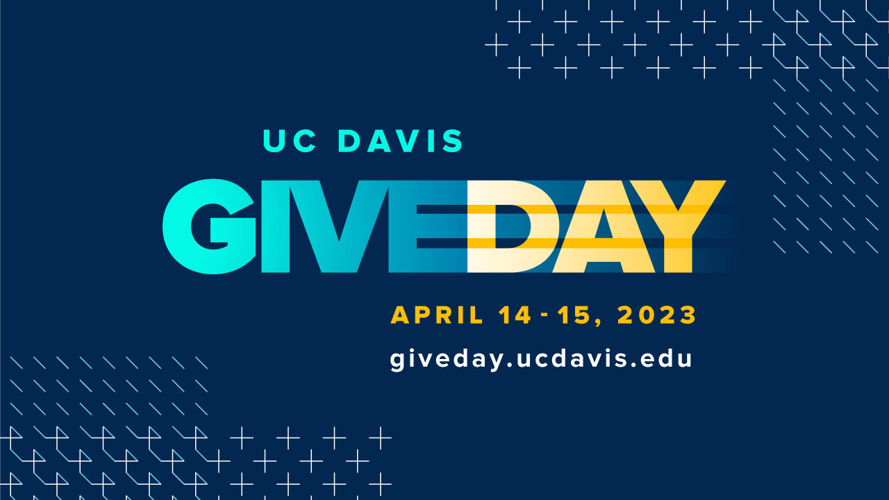 Blue background with the words "UC Davis Give Day - April 14-15, 2020"