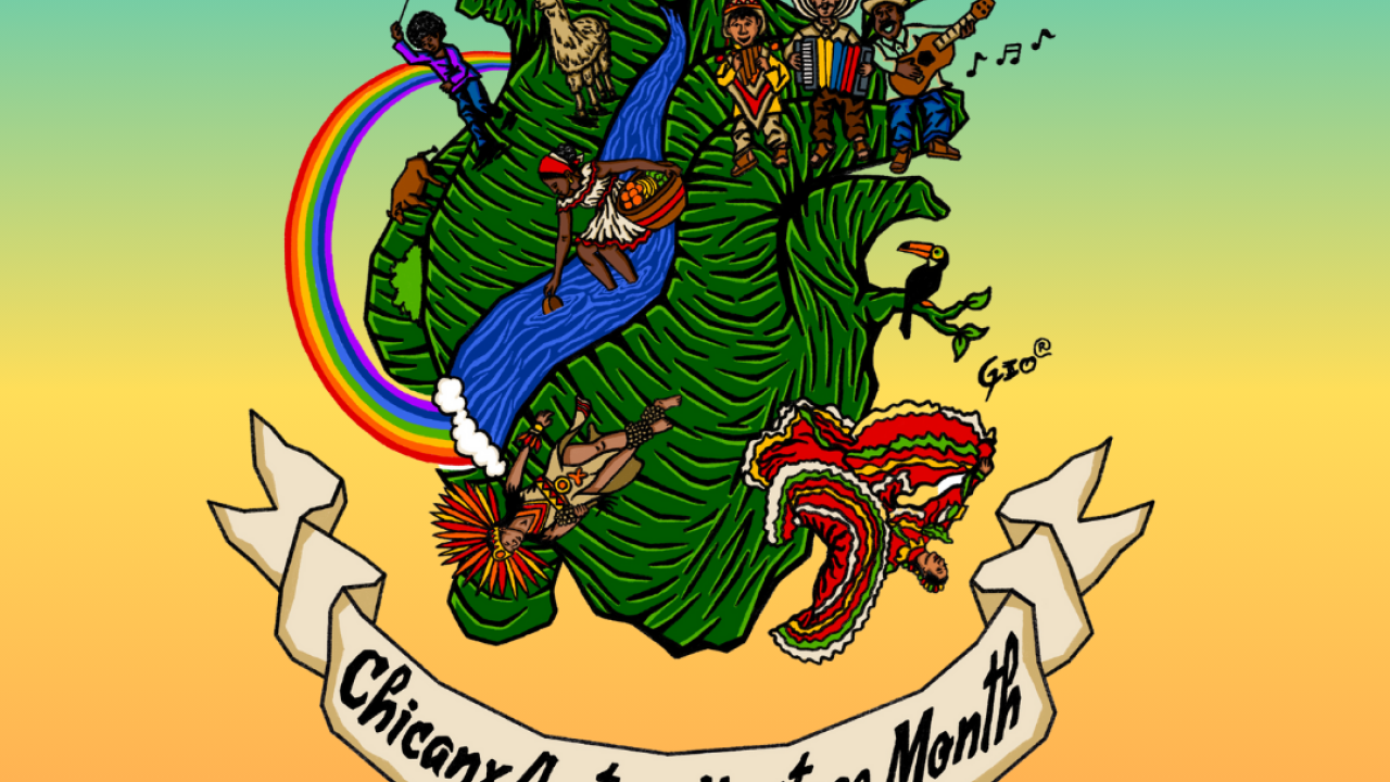 Colorful illustration of water, leaves, performers, dancers, children, animalsabove a banner "Chicanx/Latinx Heritage Month" surrounded by logos for six partners. A QR code in the lower right hand corner takes visitors to the calendar.