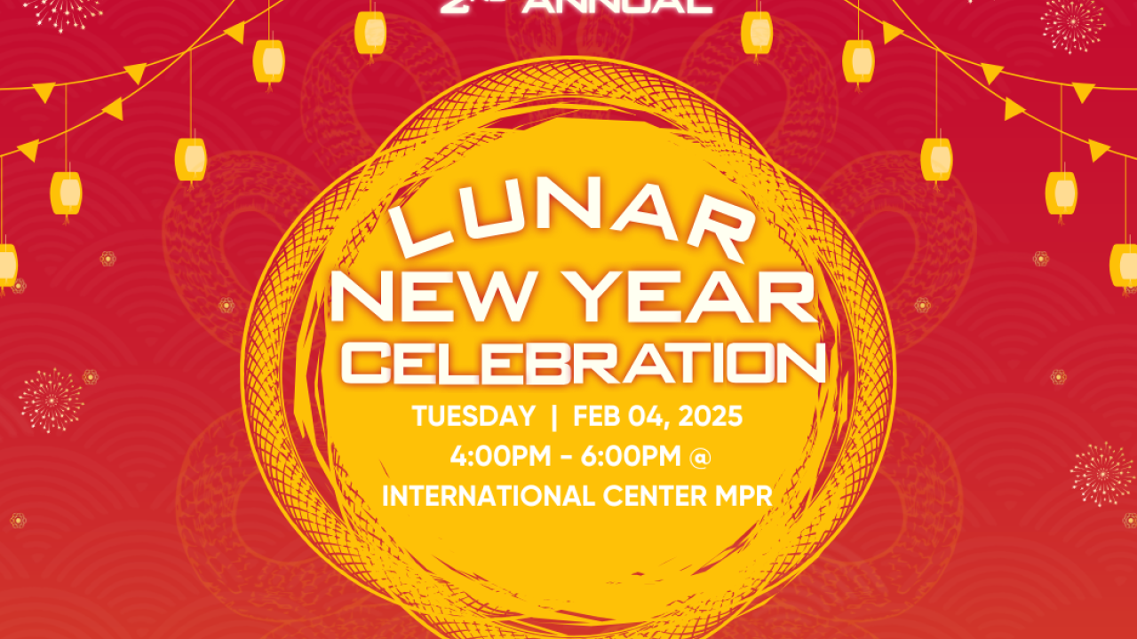 Square graphic for UC Davis's 2nd Annual Lunar New Year Celebration on February 4, 2025, from 4–6 PM, with food, performances, and activities.