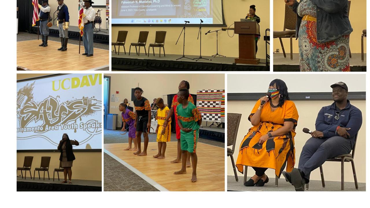 Collage of six pictures. Three Buffalo Soldiers in uniform holding flags. Dr. Faheema Mustafaa at a podium in front of a large presentation screen that says "Healing through Scholarship and Awareness: Black Adolescent Girls on Defining Well-Being, and Identifying Supports and Threats to Well-Being. Dr. Ebony Lewis performing. Kimberly Evans speaking with James Aboagye holding a microphone. Kast Academy Dancers in colorful clothing. Denisha "Coco" Bland performing in front of a presentation screen.