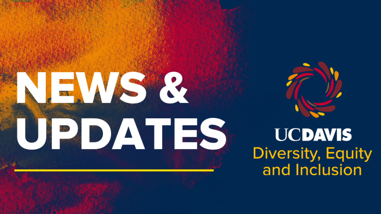 blue background with text news and updates, DEI logo and office name