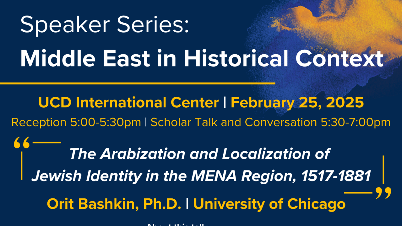 Poster for a speaker series titled "Middle East in Historical Context" featuring Orit Bashkin, Ph.D., on February 25, 2025, at UCD International Center.