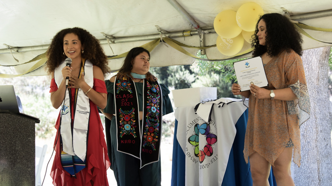 The Immigrad Celebration with students from the AB540 and Undocumented Student Center on June 9, 2022.  Many tears were shared as students talked about how their parents helped them perserver, along with the center.  Larisa Loreley Penaloza Almazan cries as she thanks her family.