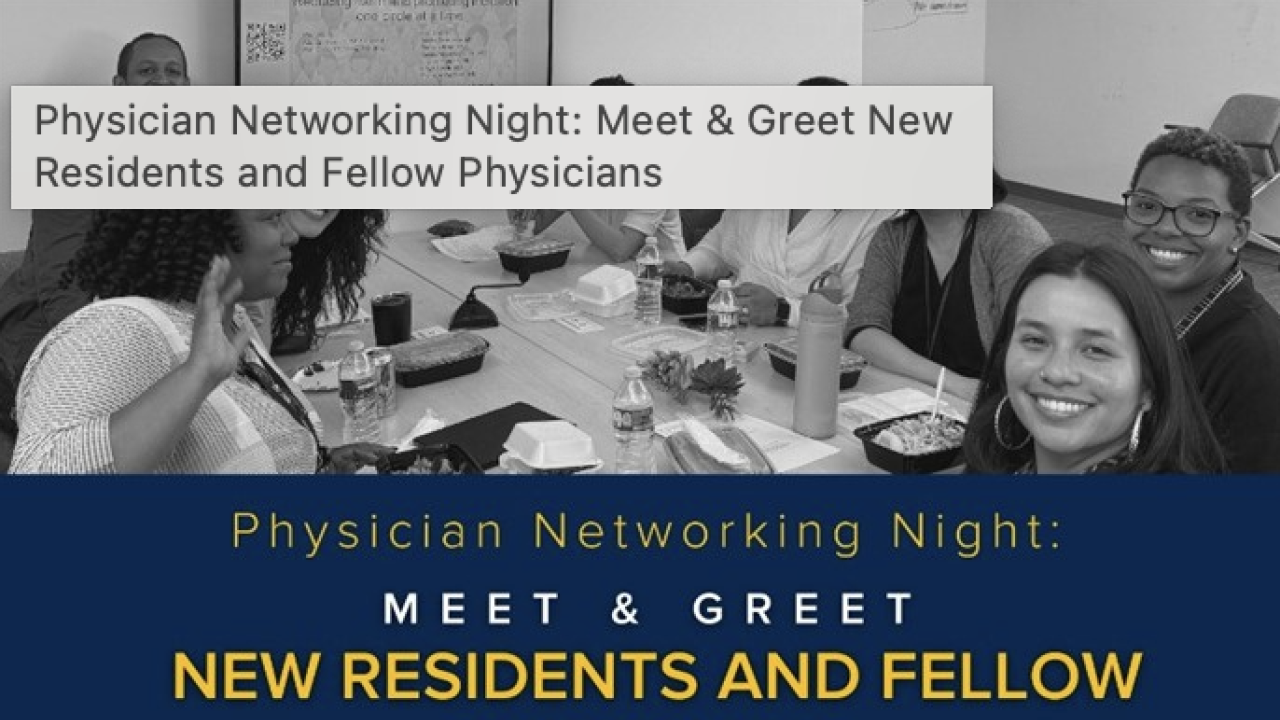 Flyer for a Physician Networking Night with event details, a QR code, and a UC Davis Health logo.