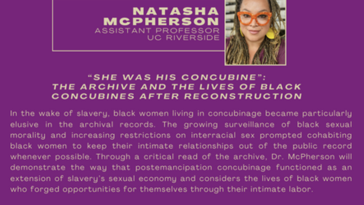 Profile of Natasha McPherson with text about her work on black concubines after slavery.