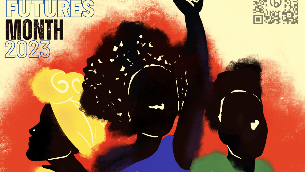 Illustration of three silhouetted figures against a vibrant backdrop celebrating Black Futures Month 2023 with the words "Pride, Power, People."