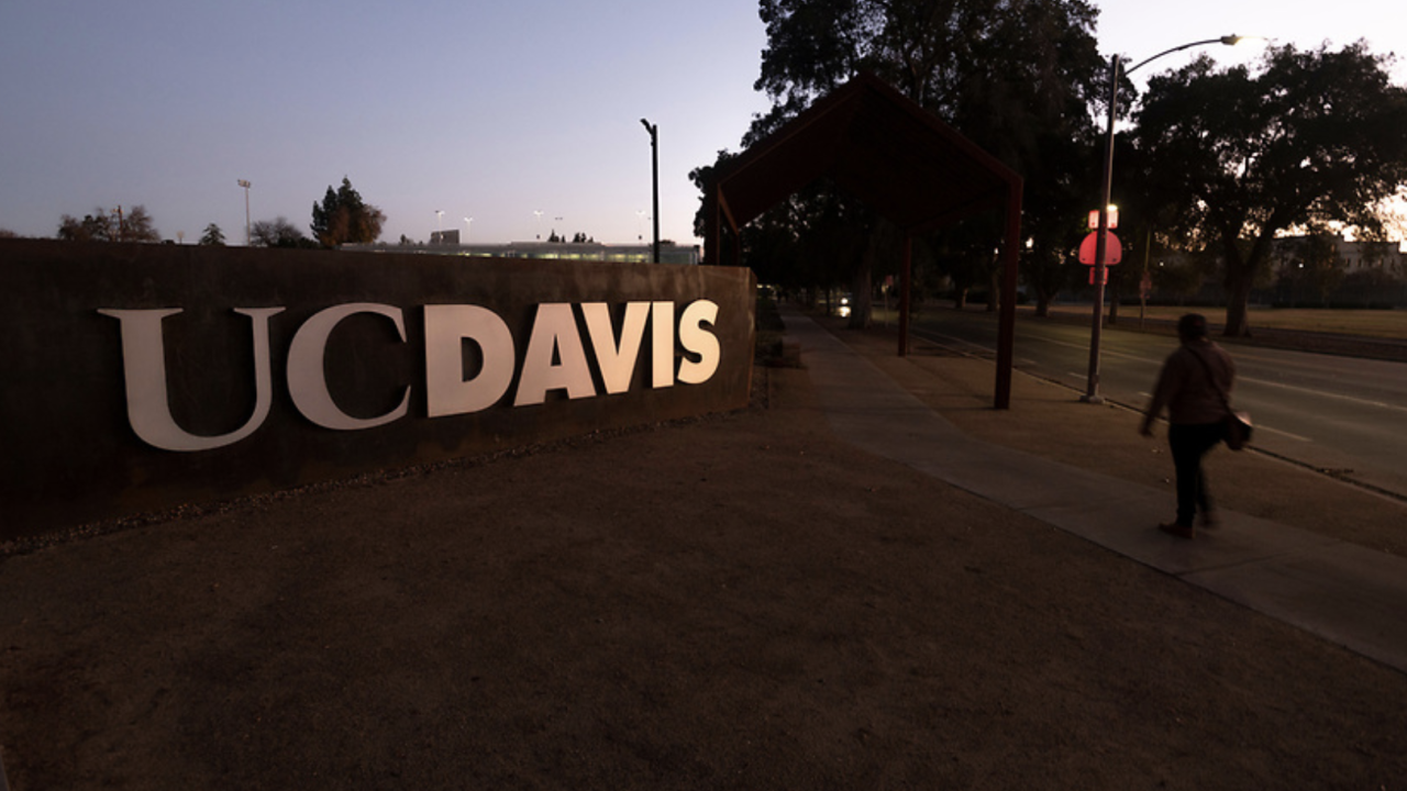 Evening scene at UC Davis with a large "UC DAVIS" sign and a person walking on the sidewalk.