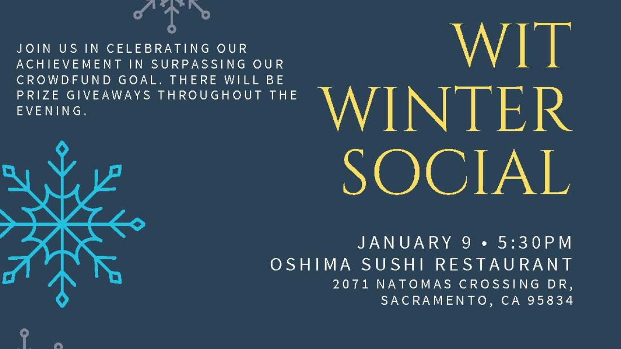 Flyer of Women in Tech ERG invites you to their winter social at Oshima Sushi Restaurant