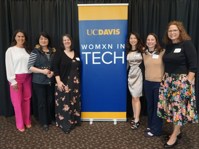 six women stand with Womxn in Tech banner