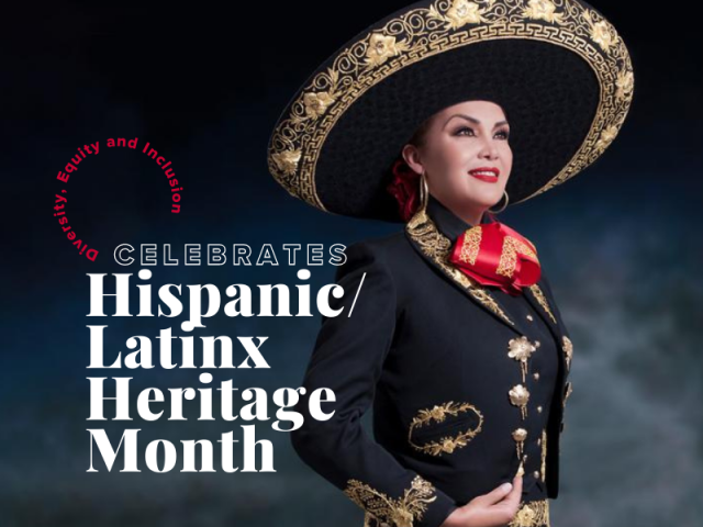 Mariachi singer Aida Cuevas in costume with the words "DEI Celebrates Hispanic/Latinx Heritage Month"