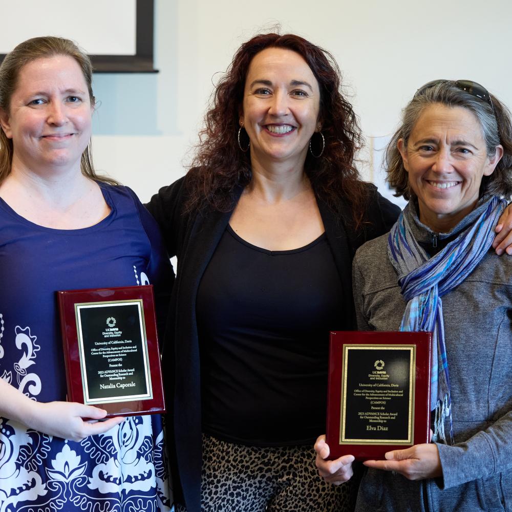 award winner Natalia caporale on left and elva Diaz on right, with CAMPOS faculty director, Verónica Martínez-Cerdeño in middle