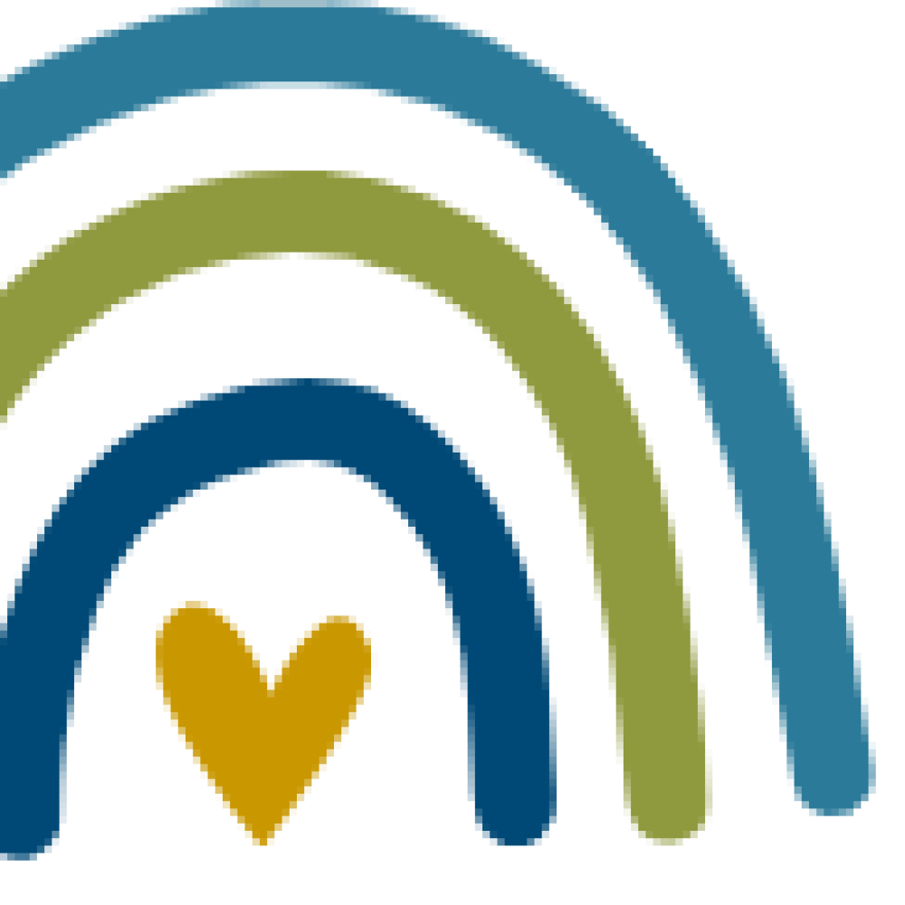 Stylized rainbow with teal, olive, and navy arches, and a mustard heart on a white background.
