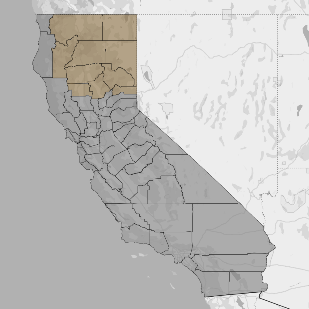 Map of California with 10 counties in the northern western region highlighted in brown.