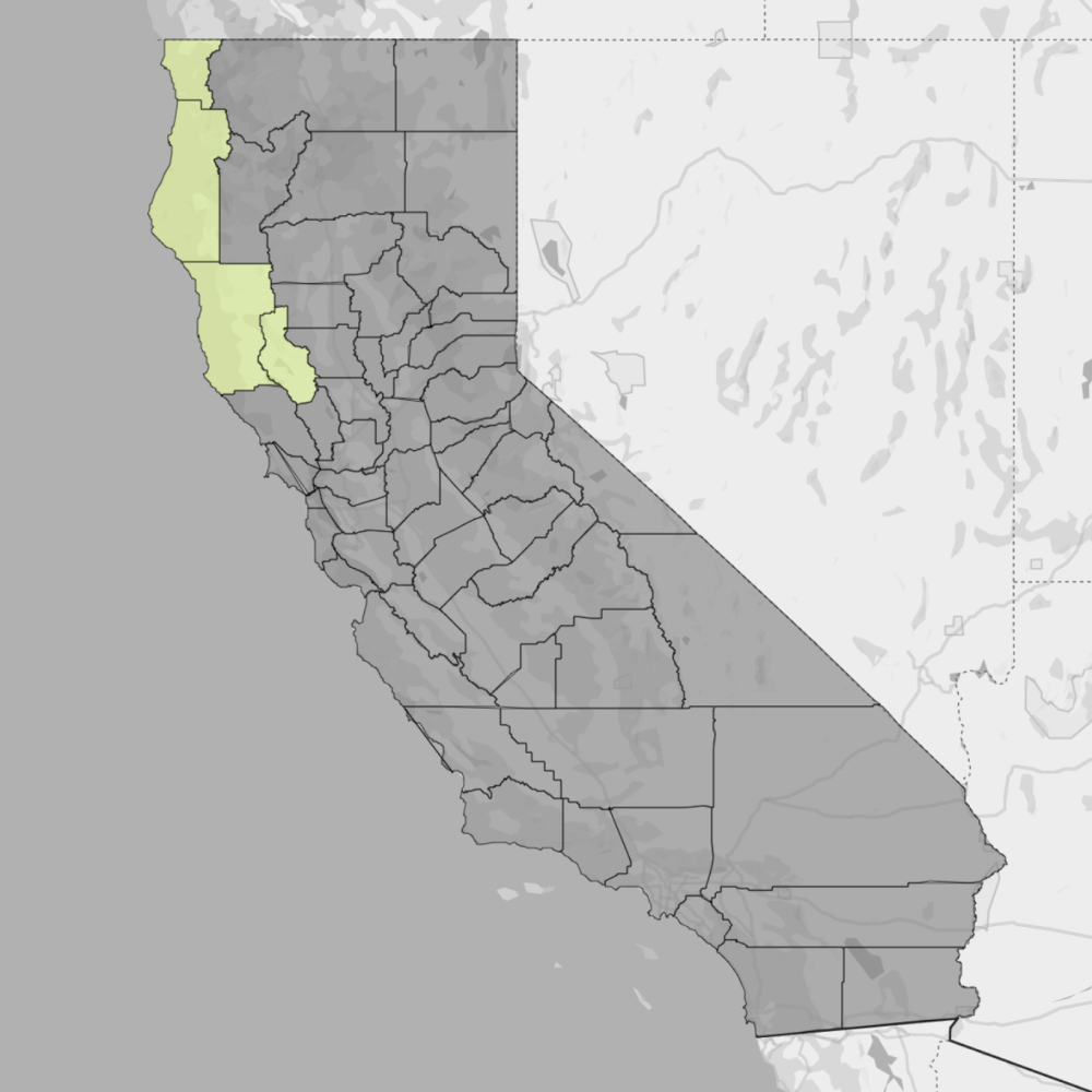 Map of California counties with five counties in the northwest highlighted in light yellow.