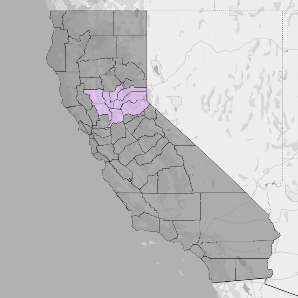 Map of California with eight eastern central counties highlighted in light purple