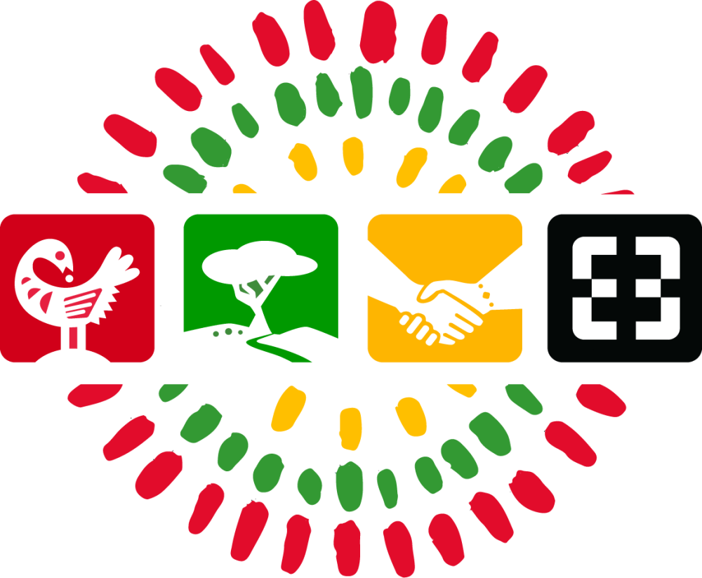 A colorful circular design made of red, green, and yellow brushstroke-like marks radiating outward. At the center, four square icons are arranged in a horizontal row: a red icon with a white Sankofa bird, a green icon with a white acacia tree, a yellow icon with two hands shaking, and a black icon with a white African-inspired geometric pattern.
