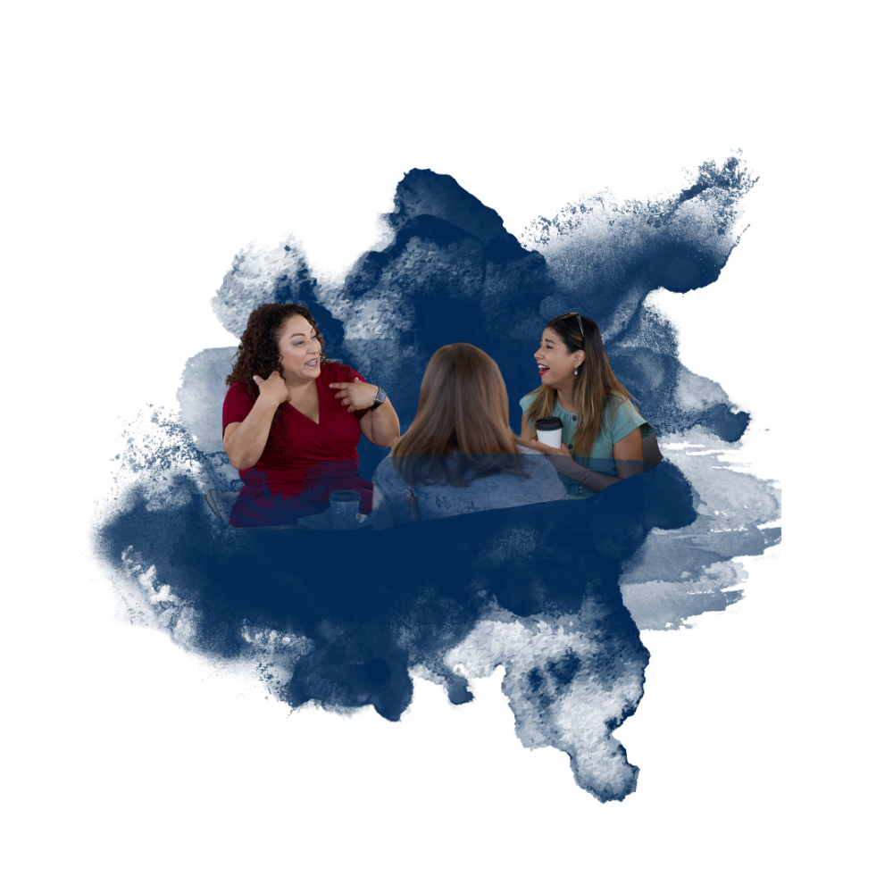 Three people having a conversation at a table with a navy blue ink blot background.