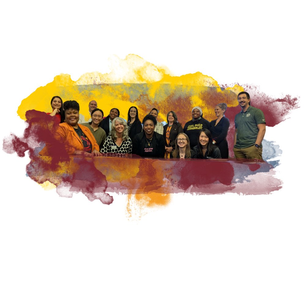 A group of fifteen people standing and smiling, overlaid with maroon, gold, and gray watercolor splashes.