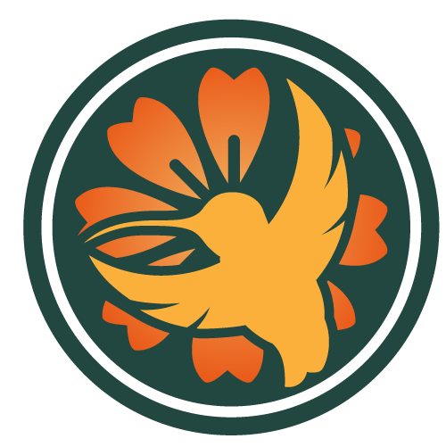 A circular logo with a dark green background featuring a stylized yellow and orange bird in flight, overlaid on an abstract orange flower with heart-shaped petals. The bird and flower are encircled by a double green ring.