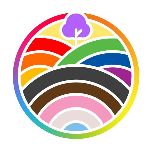 A circular logo featuring a stylized landscape with a purple tree atop multicolored rolling hills. The upper half displays red, orange, yellow, green, and blue hills under a pale yellow sky. The lower half includes brown, black, pink, white, and light blue arcs, representing the Progress Pride Flag. The circle is outlined in a gradient rainbow border.