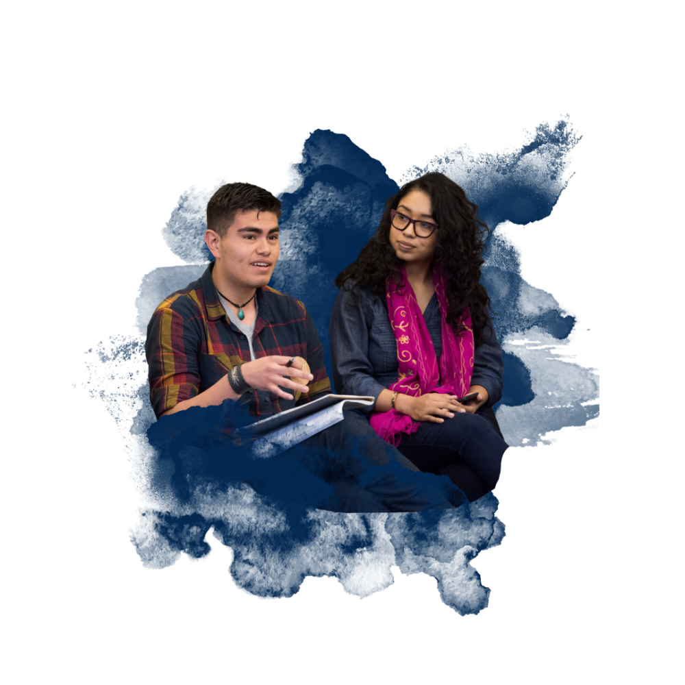 Two people conversing, with a watercolor splash background.