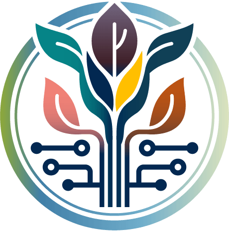 A circular logo featuring a stylized plant with multicolored leaves emerging from a circuit board base. The design merges organic and technological elements, with branching lines resembling electronic circuits at the bottom and colorful leaves at the top in teal, pink, brown, yellow, and dark blue. The entire symbol is enclosed in a soft green and blue gradient ring.