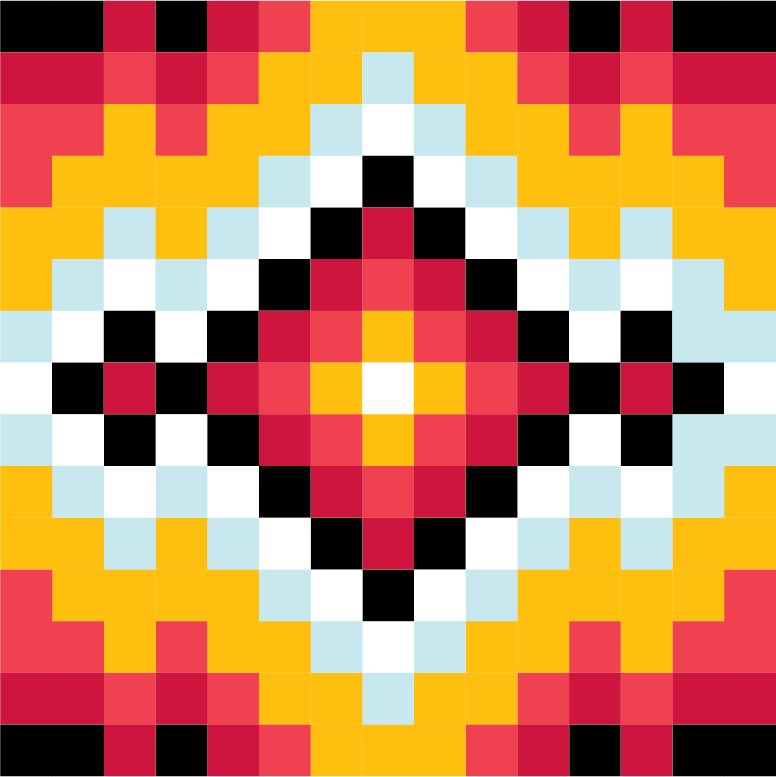 A colorful, symmetrical beadwork-inspired pattern made of small square tiles arranged in a diamond shape. The design features red, yellow, black, white, light blue, and orange colors radiating outward from a bright central diamond. The overall effect resembles traditional Indigenous beadwork or woven textiles.