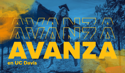 UCD grad student in gown and cap, leaping in with arms in the air in a vineyard with the words "Avanzar en UC Davis"
