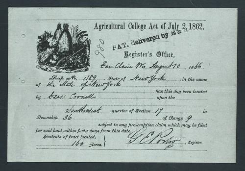Location Certificate for New York State Land Scrip, Piece No.1189, located for Ezra Cornell in Section 17, Township 36, of Range 9 in the District of the Eau Claire, Wisconsin Land Office, dated August 10, 1866 (credit: University Archives, Cornell University Library)