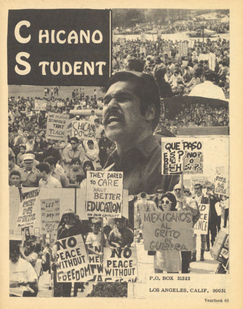 Collage of photographs from Chicana/o student protests in Los Angeles in 1968.